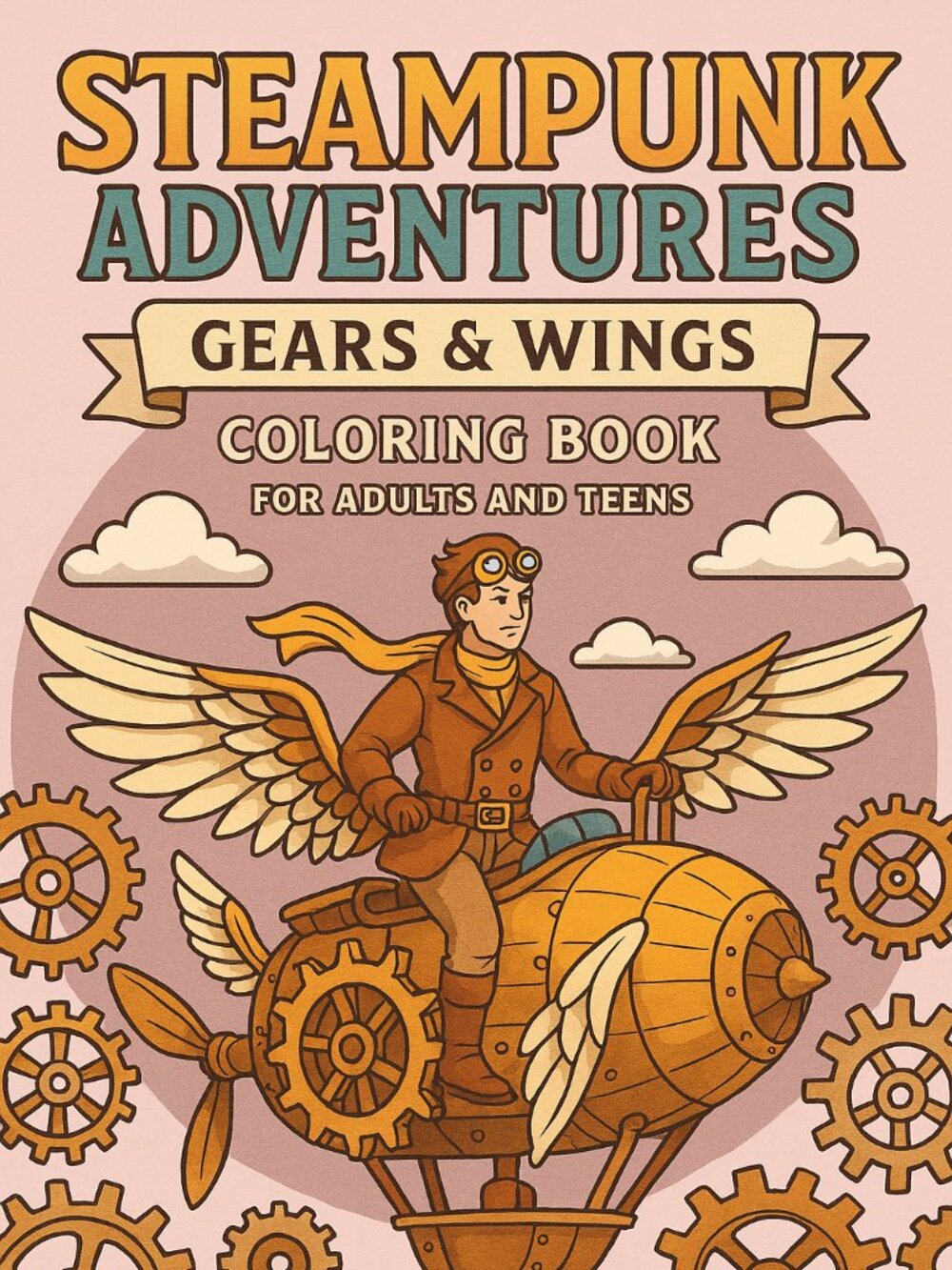 Steampunk Adventures Gear and Wings Coloring Sheets For Adults and Teens